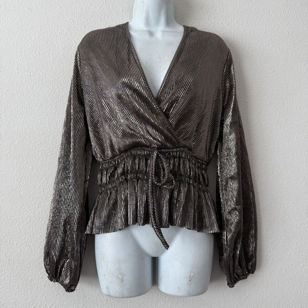Dalin Pewter Metallic Plisse Pleated Wrap Top Shimmer Party Peplum Blouse M